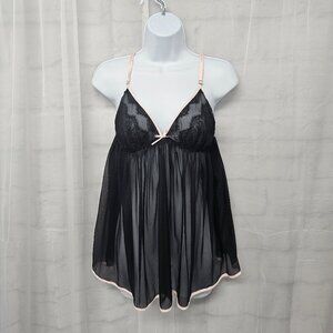 Victoria's Secret Y2K Cami Nightie Tank Black Pink Sheer Mesh Romantic Fairy L